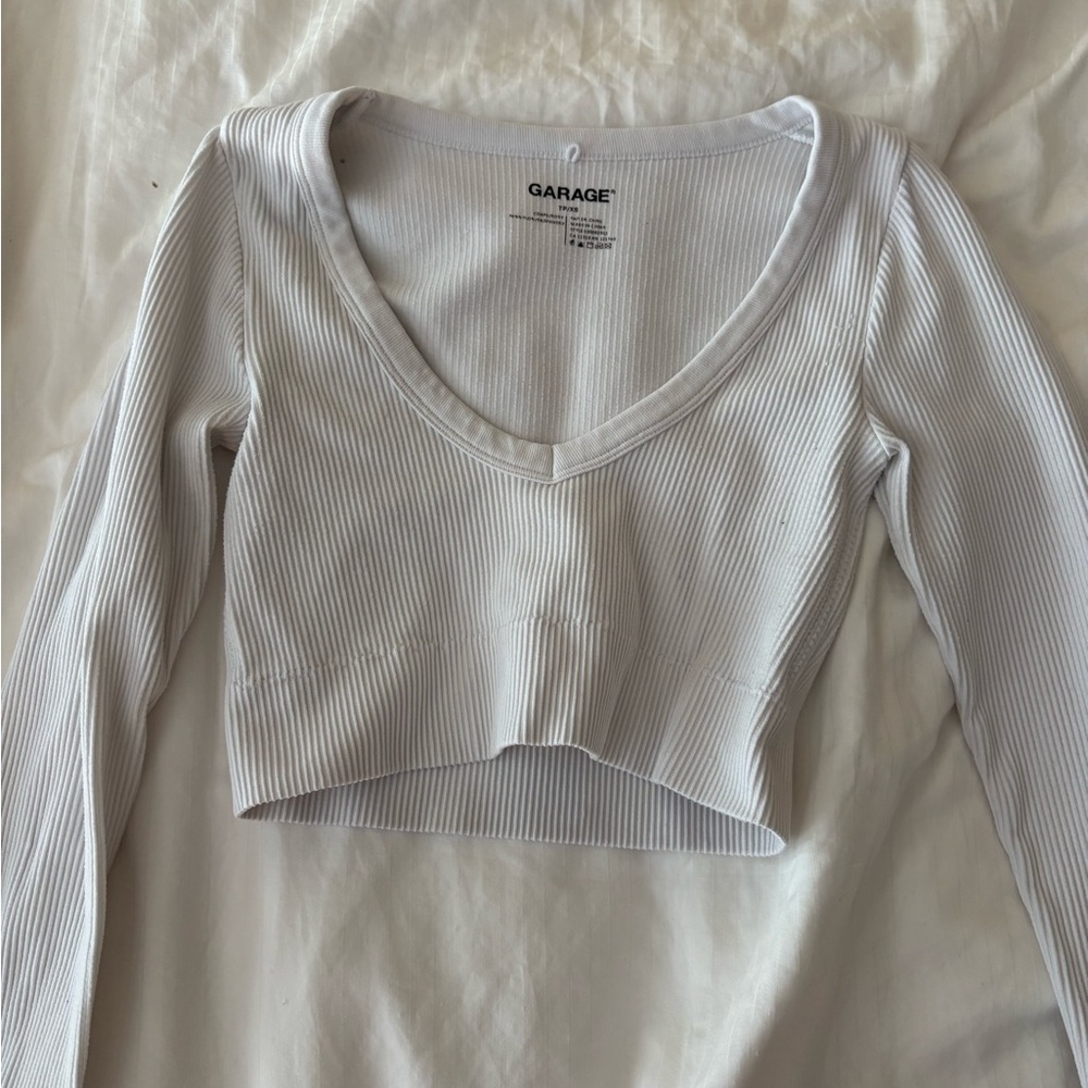 Garage White Ribbed V-Neck Crop top
